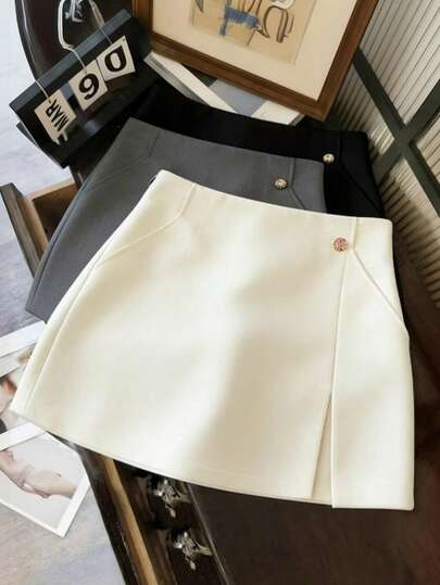 GlowEve 女士优雅通勤米色高腰半身裙，带腰带扣