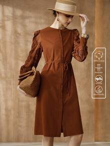 Arave Đầm nữ dáng ôm chữ X, tay phồng, thắt eo, kiểu dáng thường ngày, thích hợp đi làm. - Cà phê - Xem 4