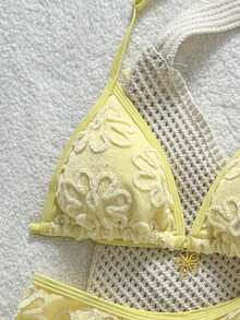 SHEIN Áo tắm bikini hai dây màu kem dành cho thiếu nữ, thích hợp cho kỳ nghỉ hè ở bãi biển. - Màu vàng - Xem 4