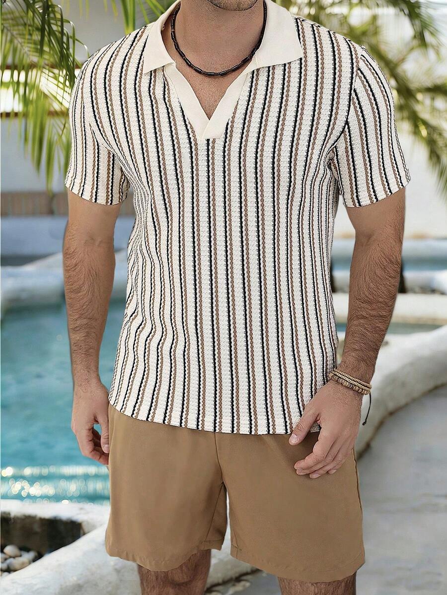 VENTUSAIL Men's Summer Casual Vacation Colorblock Striped Print V-Collar Short Sleeve Polo Shirt And Shorts Set, Holiday - Multicolor - View 1