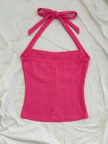 SHEIN Áo hai dây dệt kim màu hồng in hoa dâm bụt, kiểu dáng ôm sát, cổ yếm, xếp ly, thời trang dành cho bé gái tuổi teen, thích hợp cho mùa xuân/hè, dự tiệc, hẹn hò, ngày Valentine, tiệc trà chiều, lễ Phục sinh, lễ hội hóa trang, kỳ nghỉ trên du thuyền biển. - Màu Hồng Tươi - Xem 3