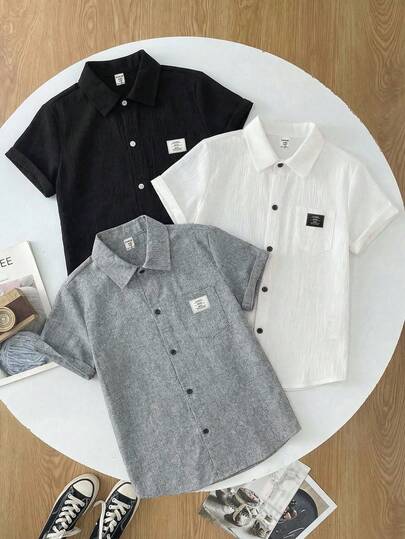 3件套青少年男童宽松休闲百搭立领贴布编织短袖衬衫套装，适合上学、聚会、派对、郊游等场合。