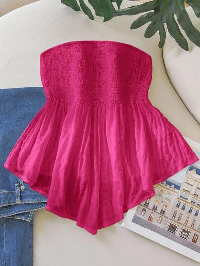 SHEIN Frenchy Plus Size Asymmetrical Hem Strapless White Casual Vacation Top, Suitable For Romantic Getaway, Beach Holiday