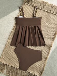 SHEIN 少女棕色钩针编织露背荷叶边比基尼套装 - 棕色 - 查看 2