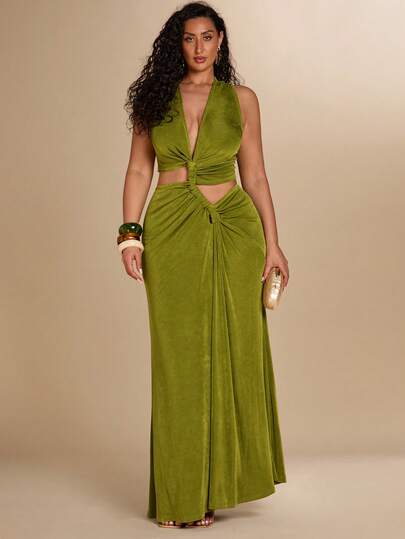 SHEIN BAE Plus Size Women Green Cutout Waist Sleeveless Beach Dress,Plus Size Women's Green Cut Out Maxi Dress V Neck Sleeveless Slit Party Event Gown
Stylish Plus Size Green Sleeveless V Neck Cutout Long Dress For Special Occasions
Elegant Plus Size Green Knotted Cut Out Waist Maxi Dress For Women Going Out