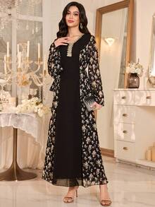 Al Najma Vestido de mujer elegante con cuello en V, volantes y cinta de gasa con estampado - Negro - Ver 4