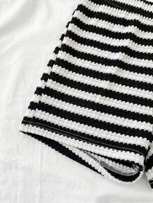 儿童/少女黑白条纹针织纹理无袖上衣和宽松短裤两件套休闲度假基础套装，春夏款 - 黑與白 - 查看 6