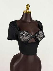 SaltGleam SaltGleam Áo thun crop top nữ gợi cảm phối ren, khoét lỗ, thích hợp cho mùa hè. - màu đen - Xem 3