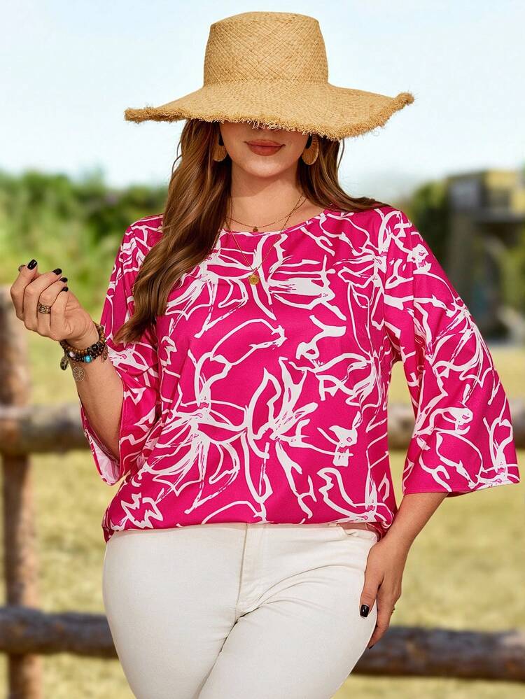 Plus Size Women Floral Print 3/4 Sleeve Loose Blouse Women's Shirts For Summer Women's Summer Outfits Beach Outfit For Women Conservative Top Blouses For Women Summer Blouse For Women Casual Elegant Summer Tops For Women Vacation Plus Size Women's Summer Outfits Plus Size Blouse Casual Blouse Elegant Blouse