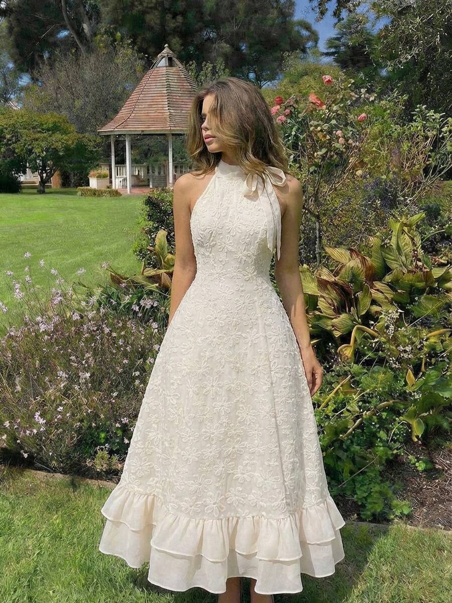 Skyraze Women's Elegant Jacquard Knot Halter Ruffled Hem Waist Cinched Dress,White Summer Elegant Wedding Bridal,Vintage Cottagecore Tea Party Graduation