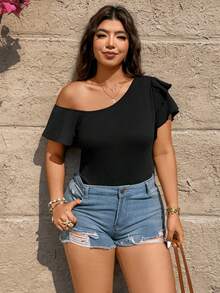 Breezaya Áo liền thân nữ thời trang thanh lịch tay ngắn xếp nếp vai bất đối xứng - màu đen - Xem 1