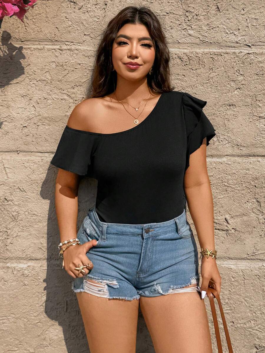 Breezaya Áo liền thân nữ thời trang thanh lịch tay ngắn xếp nếp vai bất đối xứng - màu đen - Xem 1