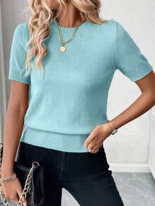 Pariaura Blusa de punto de manga corta de unicolor azul claro para verano, casual de oficina, elegante básica y linda para mujeres, uso diario de negocios, nueva llegada - Celeste - Ver 7
