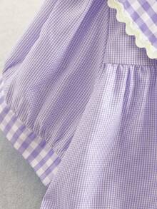 Flirla Plus Size Blue Plaid Short Sleeve Loose Casual Cute Shirt - Purple - View 4