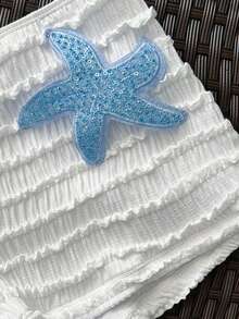 SHEIN Swim Vcay 夏季新款多色白色纹理面料海洋海星配饰直筒裤挂脖系带沙滩度假女士两件套泳衣 - 白色 - 查看 5