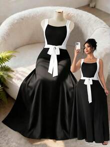 Elenzga Plus Size Women's New Elegant Contrast Color Square Neck Bodycon Jumpsuit, Suitable For Work And Everyday Wear Black Dress With White Trim Black And White Dress Women Elegant Long Black And White Dress - Multicolor - View 1