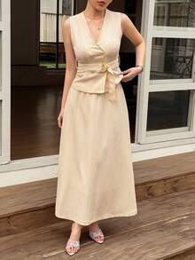 DAZY Bộ đồ 2 món bằng vải lanh tối giản phong cách vintage mùa xuân hè dành cho nữ, gồm áo không tay dáng rộng và chân váy dài. - Màu be - Xem 4