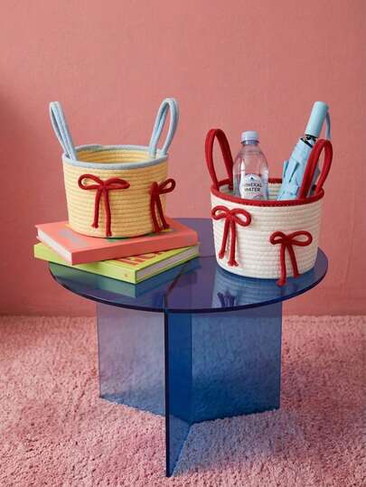 Joivida Giỏ đựng đồ di động dung tích lớn (1/2 chiếc), hộp đựng đồ để bàn dễ thương, giỏ đan có nơ và dây cotton, giỏ đựng đồ đơn giản.