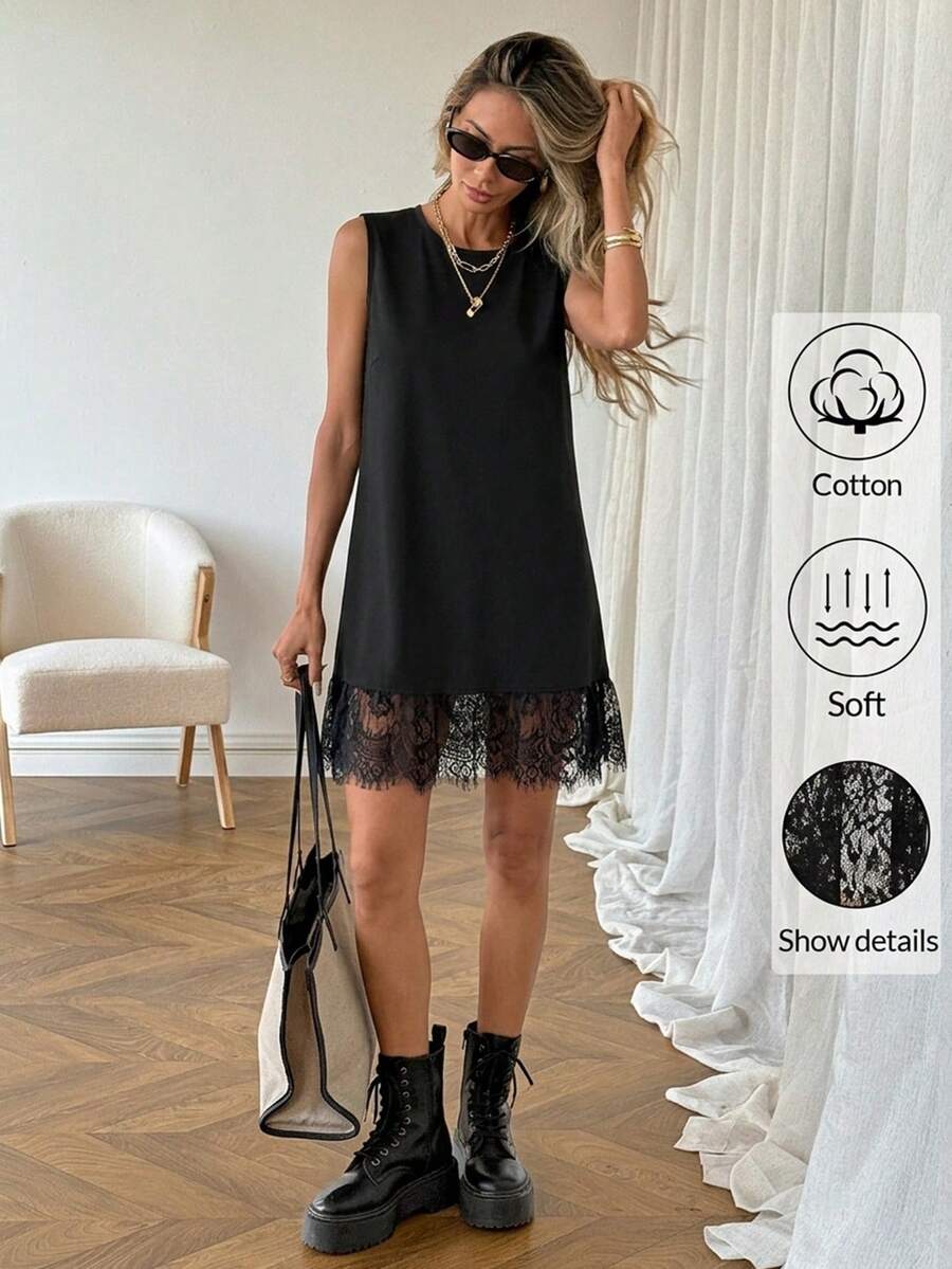 Easowa Curve Plus Size Women Solid Color Contrast Lace Sleeveless Dress Holiday Black Summer Elegant Wedding Guest - Black - View 1