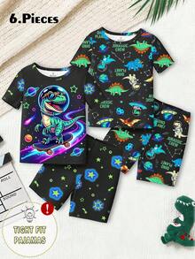 Bộ 2 món đồ ngủ tay ngắn ôm sát in hình khủng long phát sáng trong bóng tối dành cho bé trai, thích hợp cho mùa hè. - Nhiều màu - Xem 3