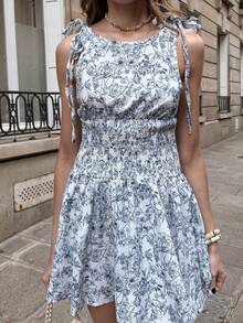 Pariaura 无袖系带碎花收腰迷你连衣裙，休闲优雅碎花连衣裙，蓝色碎花连衣裙，适合度假、春夏秋冬四季穿着，时尚优雅，休闲百搭，通勤舒适，约会、浪漫、毕业、海滩等场合皆宜。女士碎花连衣裙，无袖连衣裙，法式风格连衣裙。 - 藍色 - 查看 8