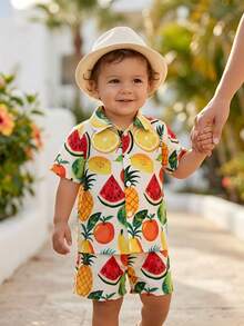 SHEIN Bộ áo sơ mi và quần short in hình trái cây phong cách thường ngày cho bé trai đi nghỉ mát. - Nhiều màu - Xem 1