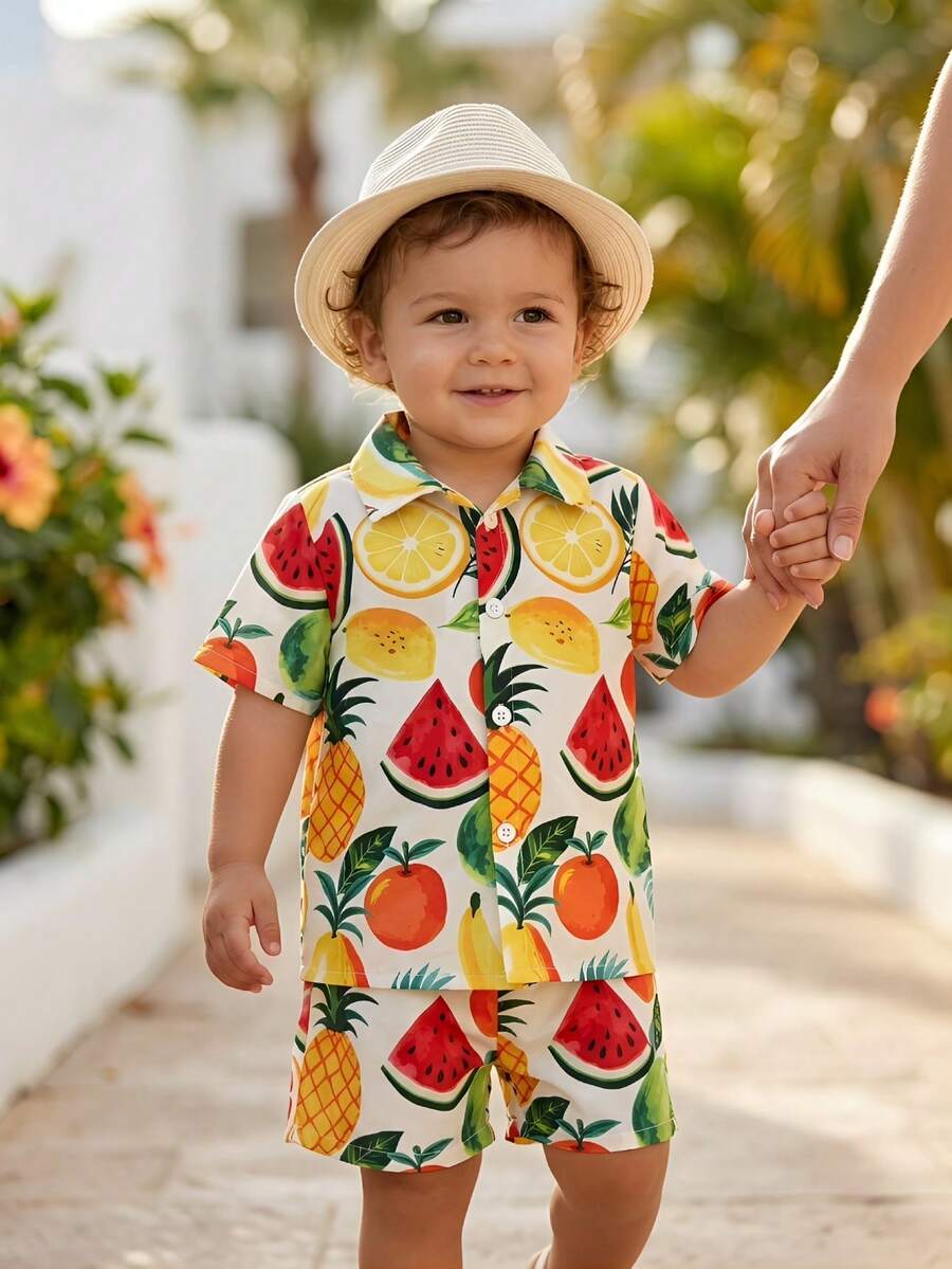 SHEIN Bộ áo sơ mi và quần short in hình trái cây phong cách thường ngày cho bé trai đi nghỉ mát. - Nhiều màu - Xem 1