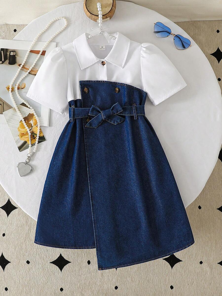 少女夏季新款时尚优雅连衣裙，小翻领衬衫拼接设计，不规则水洗牛仔裙配腰带，适合日常、通勤、派对等场合穿着。 - 深色水洗藍 - 查看 1