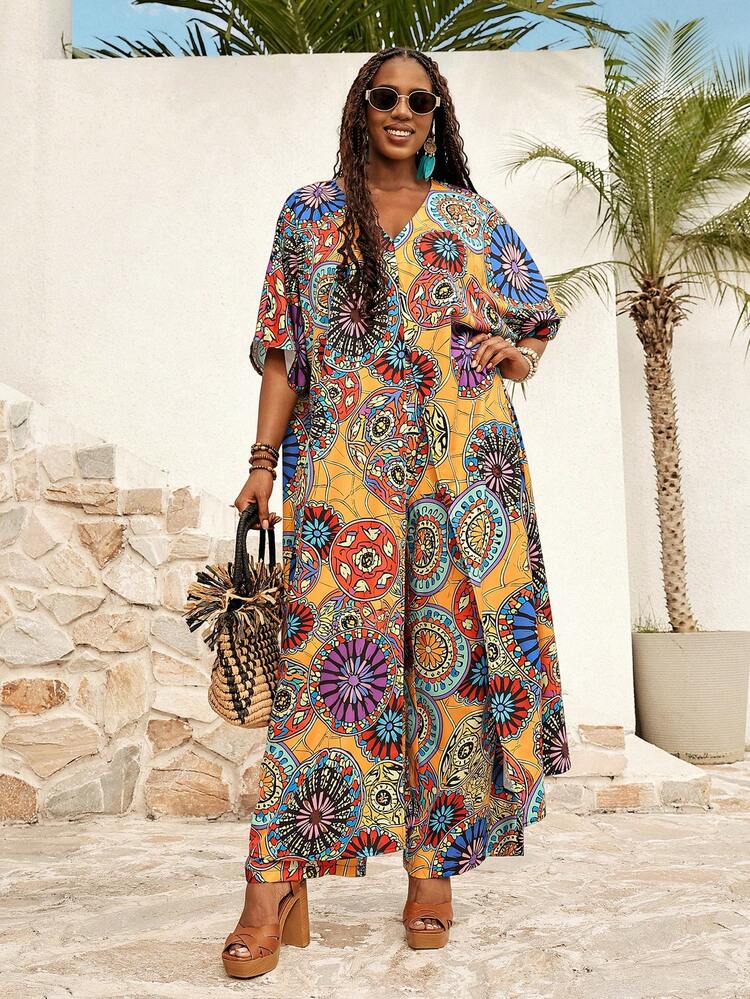 Plus Size Women Floral Print Short Sleeve Long Shirt And Wide Leg Pants 2 Pieces Set  Summer Summer Outfits Spring Clothing Spring Outfit Festival Outfits For Women Beach Outfit For Women Vacation Outfits Women Holiday Outfits For Women Summer Holiday Outfits