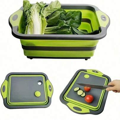 Conjunto de tábua de corte dobrável de 1 peça - Lavável na lava-louças, tigela de preparo com escorredor de frutas e vegetais embutido e base antiderrapante - escorredor de pia de cozinha de 8,5 litros - Design que economiza espaço, adequado para trailers, apartamentos e viagens de acampamento.