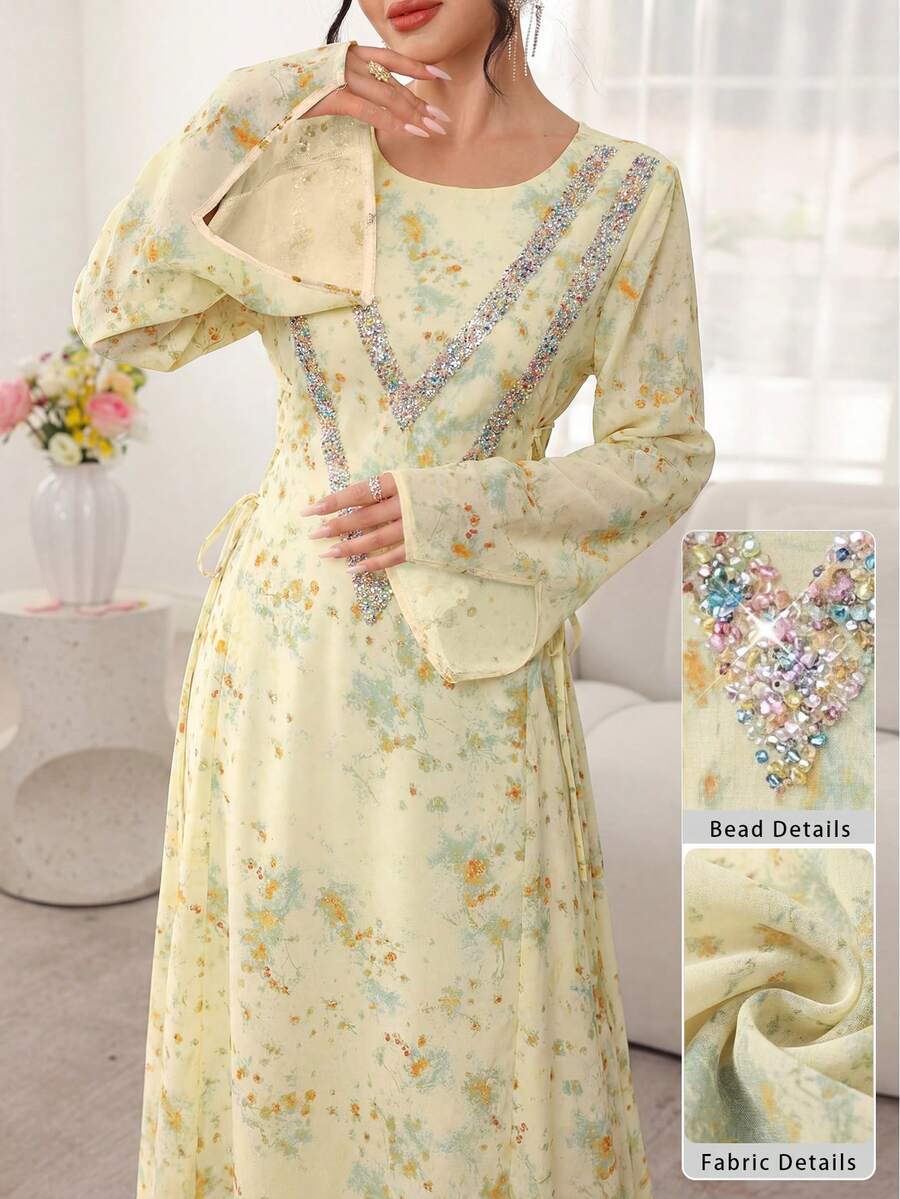 Al Najma Elegant Round Neck Beaded Side Tie Waist Flare Sleeve Robe Jalabiya, Spring/Summer