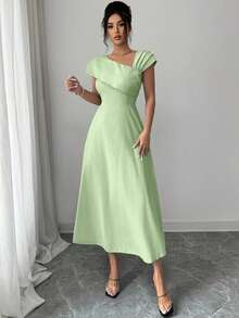 Modelyn Women's Solid Color Asymmetric Neck Ruched Waist Midi Dress - Avocado Green - View 6
