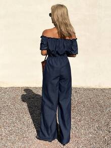 DAZY Bộ jumpsuit denim nữ màu trơn thanh lịch, chất liệu denim bạc màu, kiểu dáng trễ vai, có bèo nhún, thích hợp cho mùa xuân/hè. - Rửa trung bình - Xem 2