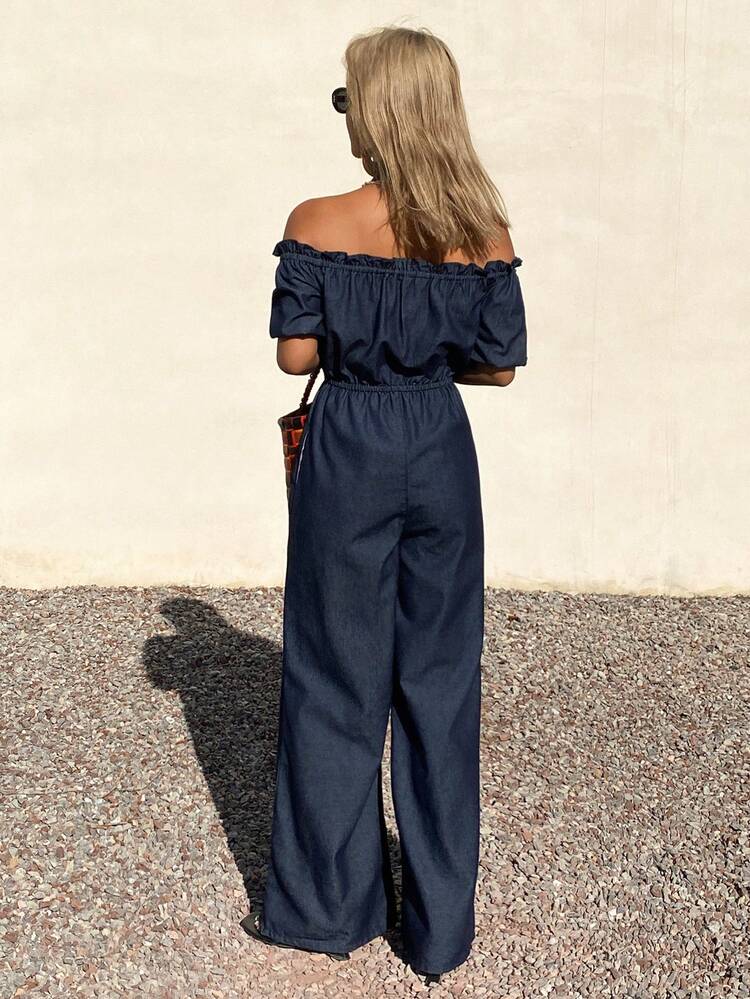 Women's Elegant Solid Color Washed Off Shoulder Ruffle Hem Denim Jumpsuit, Spring/Summer