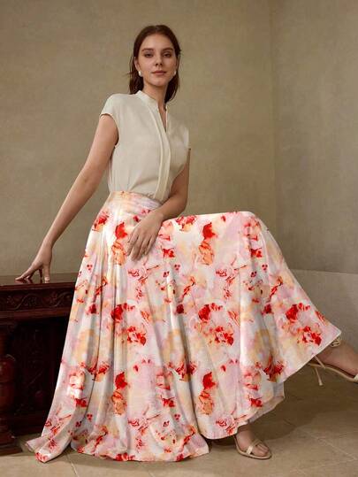 MOTF PREMIUM WOMEN'S SPRING/AUTUMN VACATION STYLE FLORAL PRINT FLARE HEM SKIRT