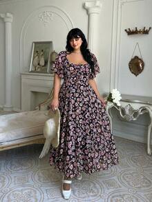 Lyrianda Vestido de verano casual y romántico con estampado floral pequeño para mujer talla grande - Negro - Ver 3