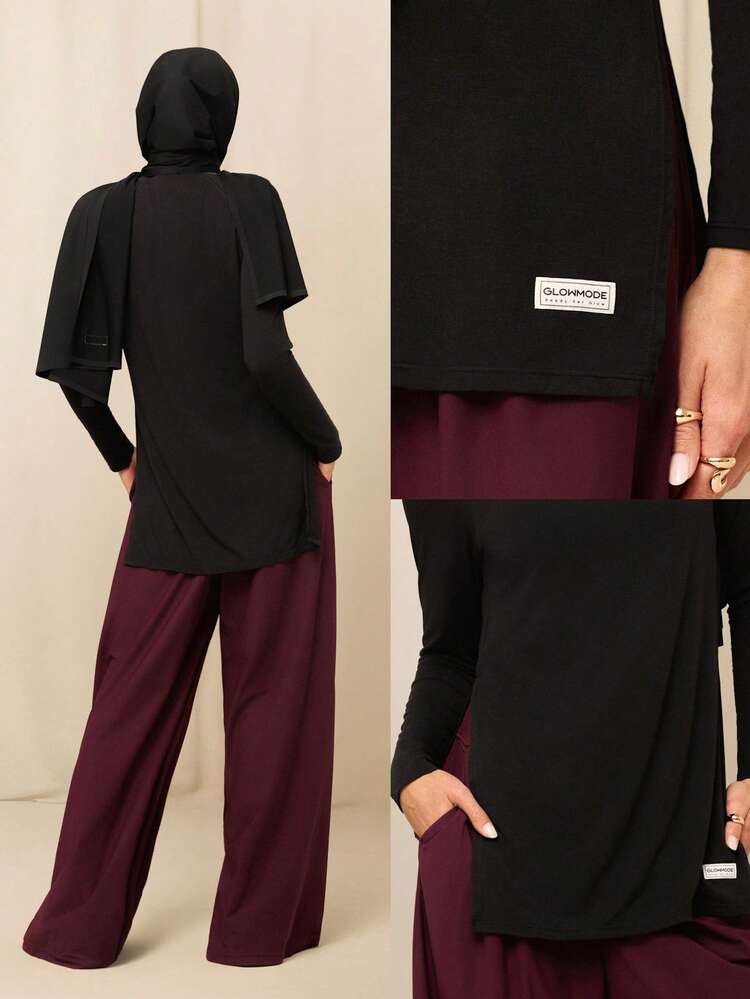 GLOWMODE X Reem Modest TENCEL™ Modal City Sweetheart Silky-Smooth Lightweight Sweat-Wicking Side-Split Hem Mid-Length Long-Sleeve Crewneck Daily Casual Wear