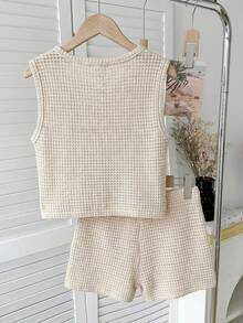 Bộ đồ cho bé gái tuổi teen: Áo tank top không tay cổ tròn kẻ sọc và quần short, kiểu dáng rộng rãi, tối giản, thoải mái. - Màu Khaki - Xem 2