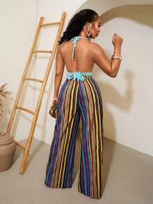 VaVaBold Vibrant Multi-Stripe Drawstring Waist Wide-Leg Pants - Perfect For Vacation & Summer Outings - Multicolor - View 2