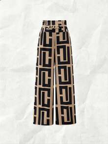 Franclia Women's New High Waist Metal Buckle Belt Geometric Print Wide Leg Pants - Khaki - View 3