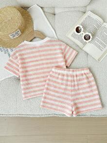LMoss Kids Set 2 Potong Baju dan Celana Pendek Rajut Bergaris Leher Bulat untuk Bayi Perempuan - Berwarna merah muda - View 6