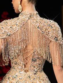 Glamrae Falda de sirena elegante y lujosa con parches de malla bordada con lentejuelas y perlas, con mangas con flecos, adecuada para bodas, fiestas, vacaciones, galas, vestidos de noche (muy adornada) - Champán - Ver 1
