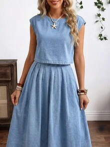 Breezaya Bộ đồ nữ thường ngày gồm áo denim ống rộng tay cánh dơi và chân váy xếp ly, thích hợp cho kỳ nghỉ hè và đi làm. - Màu xanh lam - Xem 3
