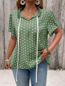 SHEIN Clasi Plus Size Women Polka Dot Tie Collar Casual Versatile Daily Wear Shirt - Mint Green - View 4