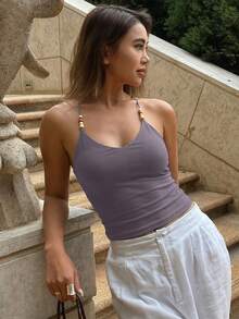 DAZY Women's Beaded Halter Neck Elastic Backless Casual Summer Tank Top - Violet Purple - View 5