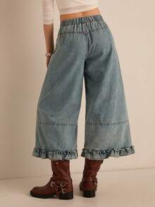 Easelle Mẫu quần jeans ống rộng lửng cạp thấp, phối bèo nhún, kiểu dáng mới về dành cho nữ. - Màu xanh lam - Xem 5