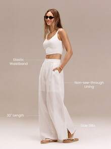 GLOWMODE 30英寸 100% 欧洲亚麻 弹性后腰 不透明侧开衩阔腿裤 度假休闲夏季旅行沙滩日常休闲装 - 米色 - 查看 2