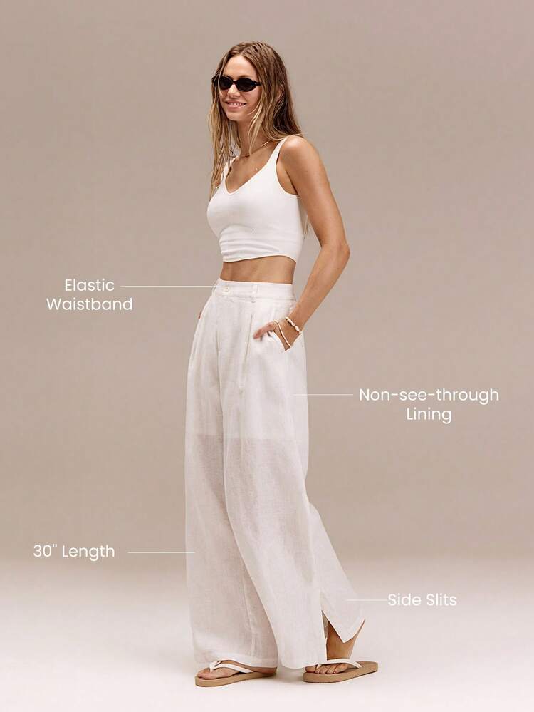 30" 100% European Linen Elastic Back Non-Transparent Side Split Hem Wide Leg Pants Vacation Holiday Summer Travel Beach Daily Casual Wear