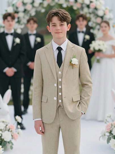 两件套青少年男士绅士套装，包括亚麻色单排扣西装外套和亚麻质感长裤，优雅高端西装套装，适合生日派对、正式活动、婚礼、毕业典礼等场合。