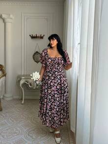 Lyrianda Vestido de verano casual y romántico con estampado floral pequeño para mujer talla grande - Negro - Ver 4